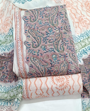 DRAVINAM Trends Hand Block Print Sanganeri Cambric Unstitched Cotton Suit Dress Material for Women with Mulmul Cotton Hand Printed Dupatta