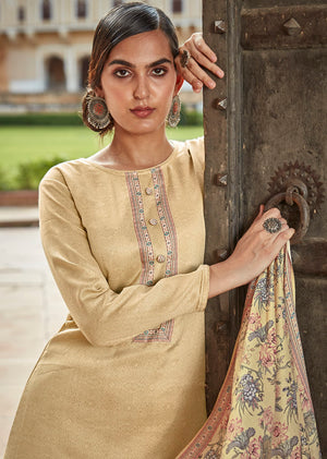 DRAVINAM Trends Women's Unstitched digital Print Embroidered Pure Woollen Pashmina Salwar Suit Dress Material with printed woolen shawl dupatta (Cream)