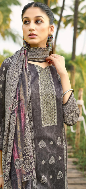 DRAVINAM Trends Women's Unstitched Winter Wear Swaroski Diamond Work Pakistani Woollen Pashmina Salwar Suit Dress Material with Twill Pashmina Printed Shawl Dupatta