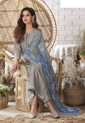 DRAVINAM Trends Women's Unstitched Block Printed Cambric Cotton Knot Work Salwar Suit Dress Material with Lace and Digital Printed Bember Dupatta/Chunni (Grey)