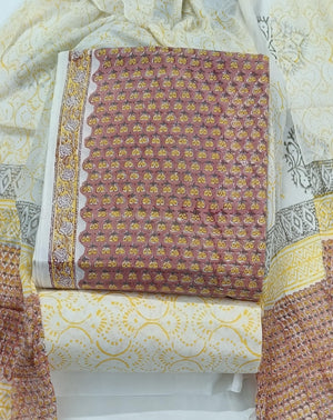 Hand Block Bagru Print Pure Cambric Cotton Unstitched Suit Material with Chiffon Hand Printed Dupatta
