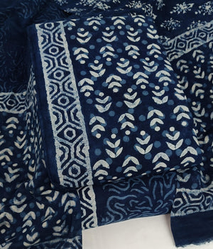 DRAVINAM Trends Hand Block Dabu Print Indigo Cambric Unstitched Cotton Suit Dress Material for Women with Mulmul Cotton Hand Printed Dupatta