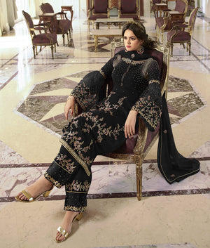 DRAVINAM Trends Women's Faux Georgette Semi Stitched Top With Unstitched Santoon Bottom and Net Dupatta Embroidered Straight Kurta Dress Material (Kurta Set)
