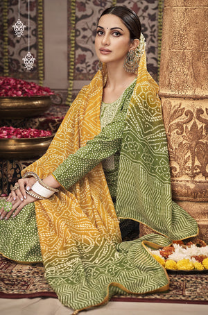 DRAVINAM Trends Unstitched Bandhani Printed Pure Jam Cotton Suit Material with Embroidery and Pure Maslin Dupatta