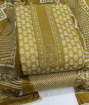 DRAVINAM Trends Women's Printed Embroidered and Hand Work Premium Cotton Jaipuri Unstitched Salwar Suit Dress Material with Mulmul Cotton Dupatta
