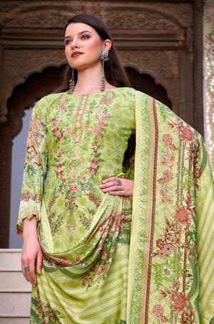 DRAVINAM Trends Women's Unstitched Cotton Suit Dress Material -Embroidered Digital Print Top II Plain Bottoms II Digital Print Dupatta