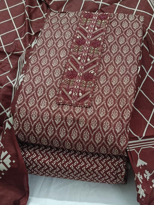 DRAVINAM Trends Women's Premium Cotton Jaipuri Printed Embroidered and Hand Work Unstitched Salwar Suit Dress Material with Mulmul Cotton Dupatta