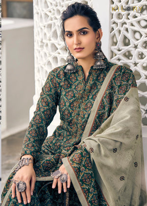 DRAVINAM Trends Women's Winter wear Embroidered Pure Wool Pashmina Digital Printed Unstitched Salwar Suit Dress Material with Pure Pashmina Warm Shawl Dupatta (Brown)