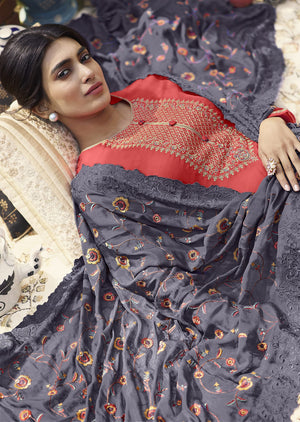DRAVINAM Trends Women's Pure Tassar Silk Embroidered Palazzo Suit Pakistani Dress Material with Chinon Chiffon Heavy Embroidered and Cutwork Dupatta (Beige Grey and Peach)