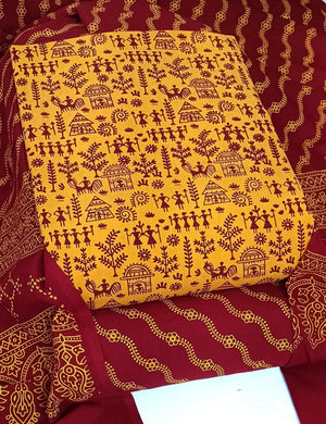 DRAVINAM Trends Women's Premium Cotton Unstitched Salwar Suit Dress Material Set | Traditional Rajasthani Gujari Block Print (Red & Mustard Yellow)