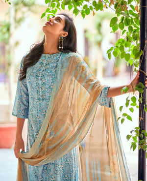 DRAVINAM Trends Women's Unstitched Digital Printed Pure Viscose Masline Embroidered Palazzo Salwar Suit Dress Material with Bemberg Chiffon Digotal Printed Dupatta (Blue)