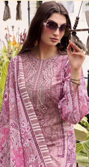 DRAVINAM Trends Women's Unstitched Cotton Suit Dress Material - Printed Embroidered Top II Plain Bottoms II Print Dupatta