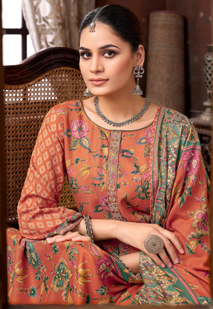 DRAVINAM Trends Women's Winter Wear Unstitched Discharge Print Embroidered Woollen Viscose Pashmina Salwar Suit Dress Material with Pashmina Printed Shawl Dupatta