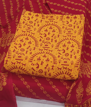 DRAVINAM Trends Women's Premium Cotton Unstitched Salwar Suit Dress Material Set | Traditional Rajasthani Gujari Block Print (Red & Mustard Yellow)