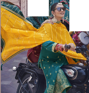 DRAVINAM Trends Women's Pure Banarasi Silk Jacquard Sequence embroidered Unstitched Salwar Suit Dress material with Chinon Silk Sequence and Embroidered Heavy Dupatta (Free size_Blue)