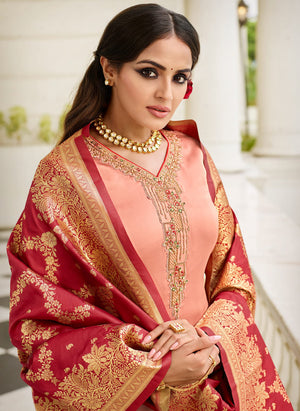 DRAVINAM Trends Women's Satin Georgette Zari Embroidered Unstitched Chudidar Suit Dress Material with Pure Banarasi Heavy Woven Dupatta (With Inner) (Free size_Peach)
