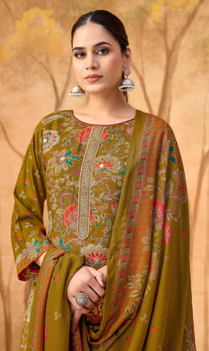 DRAVINAM Trends Women's Winter Wear Unstitched Discharge Print Hand Work Neck Embroidered Woollen Viscose Pashmina Salwar Suit Dress Material with Pashmina Printed Shawl Dupatta