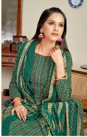 DRAVINAM Trends Women's Unstitched dobby Print Woollen Pashmina Salwar Suit Dress Material with Embroiderywork and Pashmina Printed Shawl Dupatta (Free Size_Green)