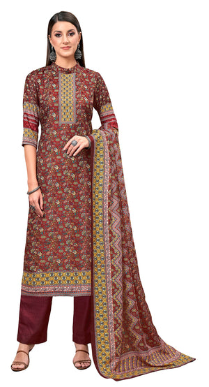 DRAVINAM Trends Women's Unstitched digital Print Pure Woollen Winter Wear Warm Pashmina Salwar Kameez Dress Material with Printed Pure Woolen Shawl Dupatta (Maroon)
