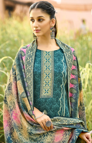 DRAVINAM Trends Women's Unstitched Winter Wear Swaroski Diamond Work Pakistani Woollen Pashmina Salwar Suit Dress Material with Twill Pashmina Printed Shawl Dupatta