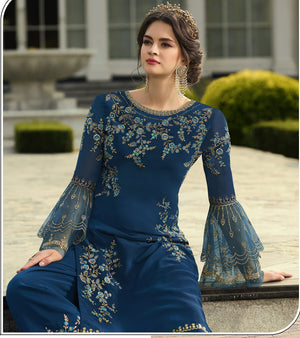 DRAVINAM Trends Women's Faux Georgette Semi Stitched Top With Unstitched Santoon Bottom and Net Dupatta Embroidered Straight Kurta Dress Material (Kurta Set)