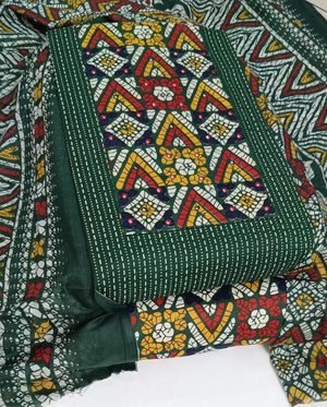 DRAVINAM Trends Women's Unstitched Cambric Cotton Dress Material Salwar Suit Set with Dupatta | Geometric Batik Print & Embellished Neckline (Multicolor)