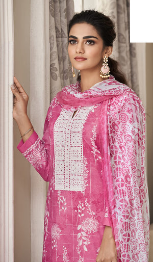 DRAVINAM Trends Women's Unstitched Digital Print Schiffli Chicken Work Pure Cotton Cambric Salwar Suit Dress Material with Digital Printed Bamber Half Pure Dupatta (Pink)