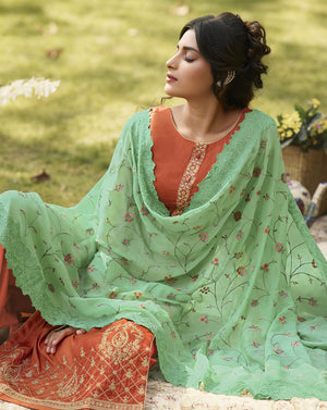 DRAVINAM Trends Women's Pure Tassar Silk Embroidered Palazzo Suit Pakistani Dress Material with Chinon Chiffon Heavy Embroidered and Cutwork Dupatta (Beige Grey and Peach)