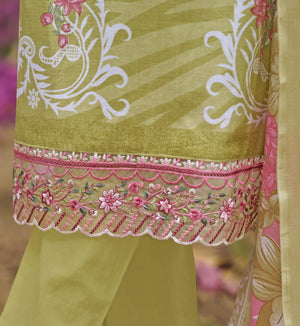 DRAVINAM Trends Women's Pure Cotton Digital Printed Suit with Exclusive Heavy Self-Embroidery Neck & Organza Daman Embroidery | Mal Mal Cotton Printed Dupatta & Bottom – Ready to Wear (OLIVE, XXL)