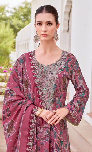 DRAVINAM Trends Pure Viscose Rayon Discharge Foil Printed Fancy Embroidered Daman Lace Suit Dress Material with Unstitched Rayon Bottoms and Cotton Embroidered Dupatta