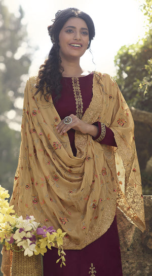 DRAVINAM Trends Women's Pure Tassar Silk Embroidered Palazzo Suit Pakistani Dress Material with Chinon Chiffon Heavy Embroidered and Cutwork Dupatta (Beige Grey and Peach)