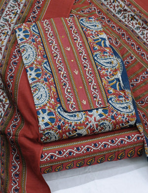 DRAVINAM Trends Women's Cambric Cotton Dress Material | Unstitch Kalamkari Printed Suit Set with Cotton Dupatta
