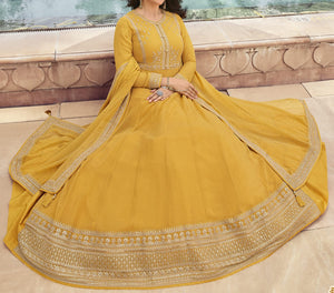 DRAVINAM Trends Women's Pure Georgette Heavy Zari Embroidered Anarkali Unstitched Suit Gown material with Georgette Embroidered and Swaroski work Dupatta (Free Size_Pinkish Red)