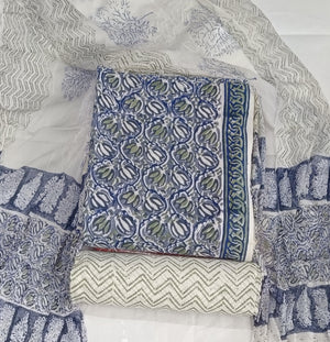 DRAVINAM Trends Hand Block Print Cambric Cotton Unstitched Salwar Suit Set for Women with Pure Chiffon Hand Printed Dupatta