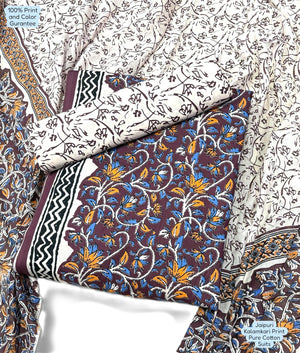 DRAVINAM Trends Unstitched Jaipuri Handmade Traditional Kalamkari Print Soft Cotton Dress Material with Cotton Dupatta