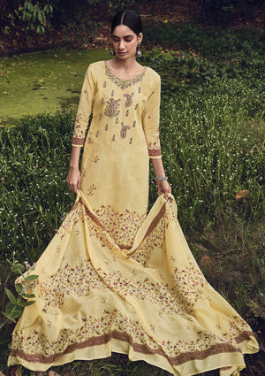 DRAVINAM Trends Unstitched Printed Embroidery Work Pure Cotton Salwar Suits Dress Material with Cotton Dupatta (Beige)