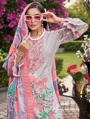 DRAVINAM Trends Pure Cambric Cotton Pakistani Embroidered Suit Dress Material with Unstitched Bottoms and Cotton Dupatta