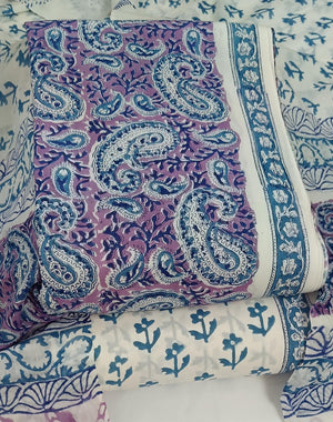 DRAVINAM Trends Hand Block Print Sanganeri Cambric Unstitched Cotton Suit Dress Material for Women with Mulmul Cotton Hand Printed Dupatta
