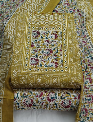 DRAVINAM Trends Women's Cambric Cotton Dress Material | Unstitch Kalamkari Printed Suit Set with Cotton Dupatta