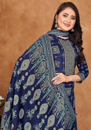 DRAVINAM Trends Women's Unstitched Kashmiri Kani Printed Woolen Winter wear salwar suits for women with Fancy Kani Shawl dupatta (Blue)
