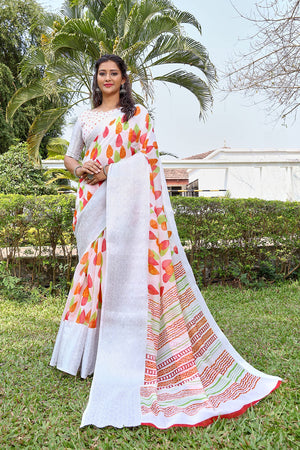 DRAVINAM Trends Women's Soft Pure Cotton Printed White Saree with Silver Jacquard Border and Unstitched Blouse Piece