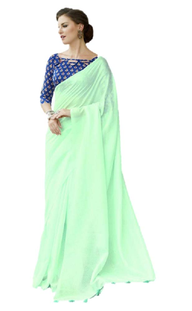 DRAVINAM Trends Women's Embroidered Khadi Linen Plain Saree with Ikat Printed Blouse Piece (Sky Blue and royal Blue)