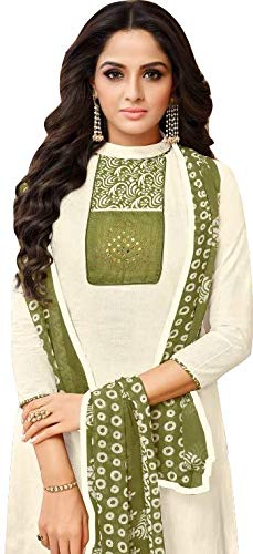 DRAVINAM Trends Women's Unstitched Cotton Salwar Suit Dress Material with Printed Patch Work and Chiffon Printed Dupatta/Chunni For College Wear//Casual Wear (Beige)