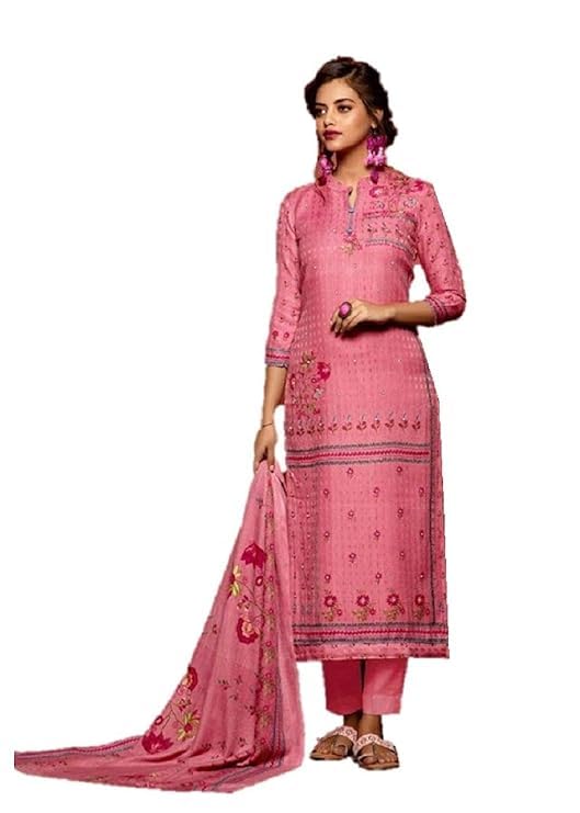 DRAVINAM Trends Women's Jam Cotton Printed Unstitched Salwar Kameez Suit Fabric with Shisha Khatli Work, Cotton Bottoms and Chiffon Dupatta