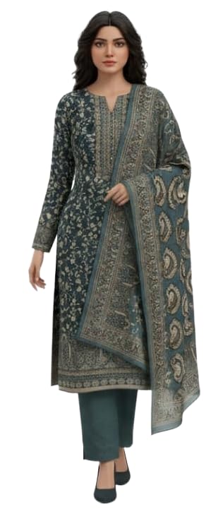 DRAVINAM Trends Women's Winter Wear Kashmiri Kani Printed Warm Salwar Kameez Dress Material with Swaroski Work and Twill Pashmina Printed Shawl Dupatta