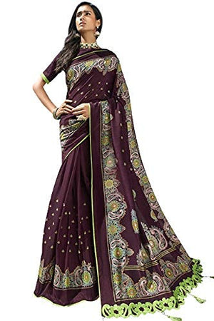 DRAVINAM Trends Women's Katha Print Silk Saree with Cutwork and Tassels on Pallu and Blouse Piece (Red)