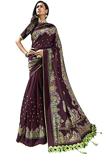 DRAVINAM Trends Women's Katha Print Silk Saree with Cutwork and Tassels on Pallu and Blouse Piece (Red)