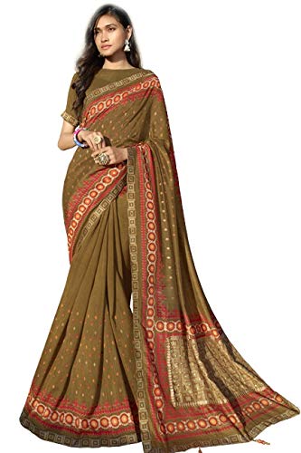 DRAVINAM Trends Women's Katha Print Silk Saree with Cutwork and Tassels on Pallu and Blouse Piece (Red)