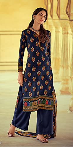 DRAVINAM Trends Women’s winter wear woollen Unstitched Salwar Suit dress material with printed bemberg chiffon Dupatta/Chunni (Free size_blue)