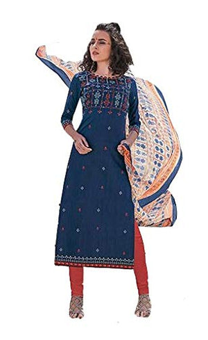 DRAVINAM Trends Women's Pure Cambric Cotton Printed Unstitched Salwar Suit Dress Material with Nazmin Dupatta- Free size, Sky Blue and Red